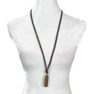 Brown Leather Long Necklace with Gold Tone Feather Pendant